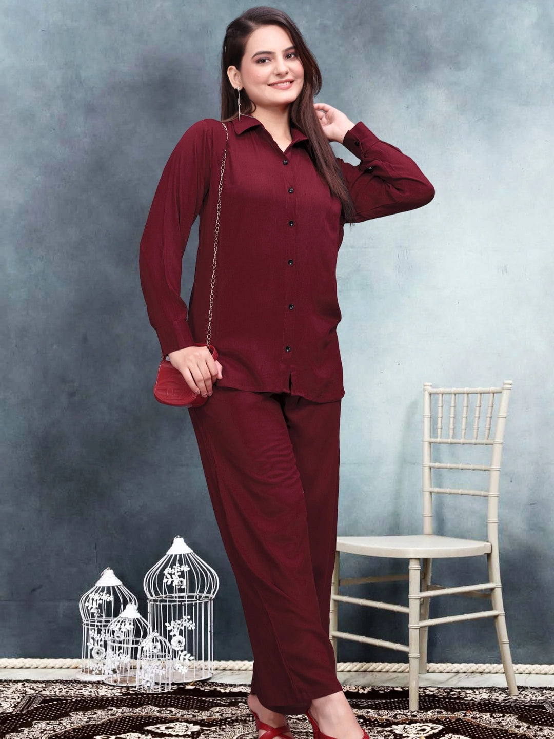 Crinkle Cotton Maroon Co-ord Set For Women - Rheycart