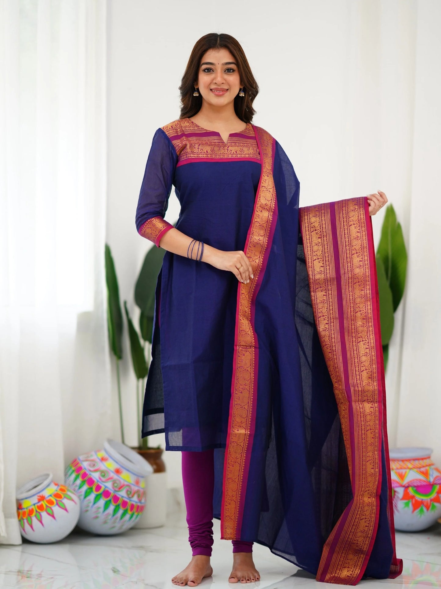 Kurti and Dupatta Pure Kanchi Cotton in Blue For Women - Rheycart