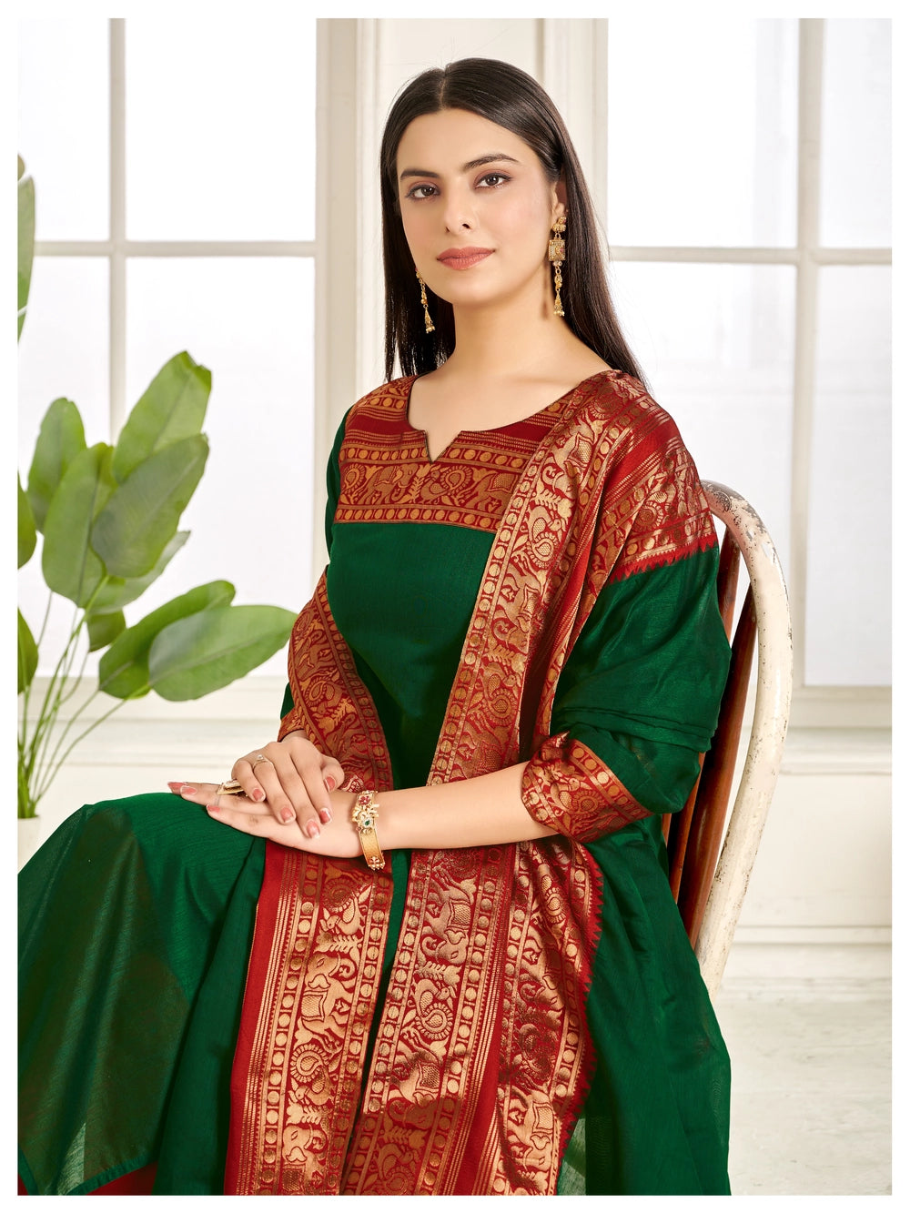 Green Color Pure Kanchi Cotton Kurti And Dupatta - Rheycart