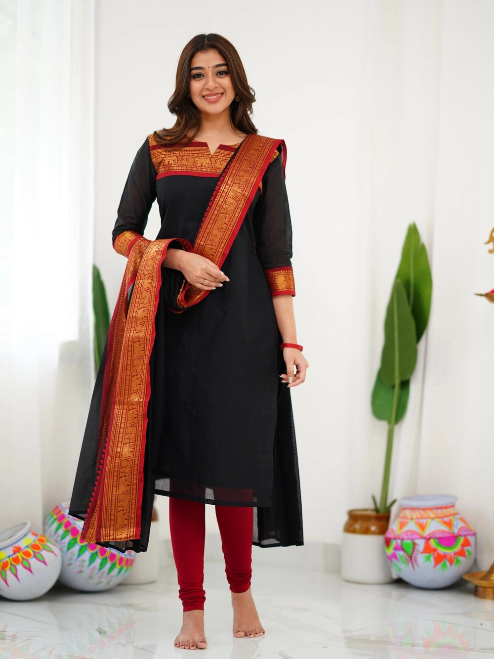 Kurti and Dupatta Pure Kanchi Cotton in Black - Rheycart