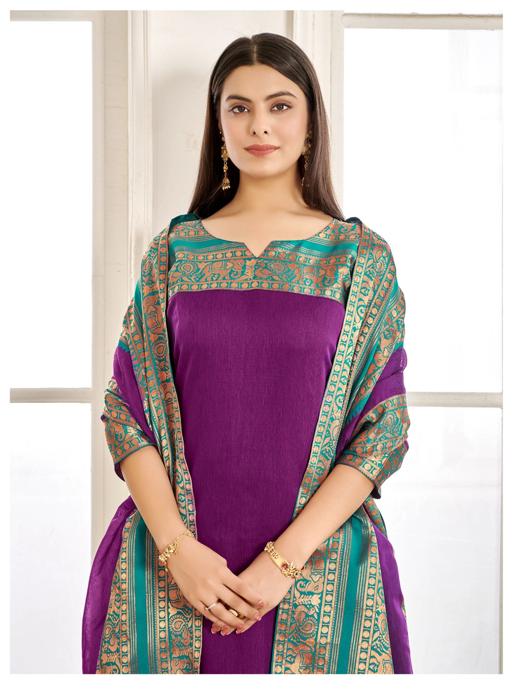 South Indian Purple Kanchi Cotton Kurti And Dupatta - Rheycart
