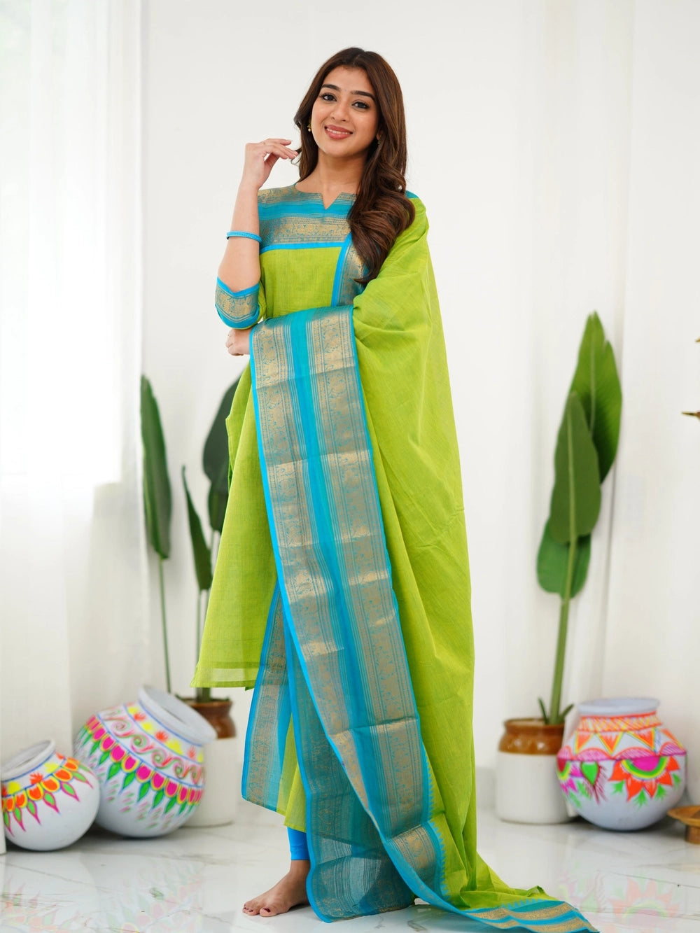 Kanchi Cotton Light Green Kurti And Dupatta For Women - Rheycart