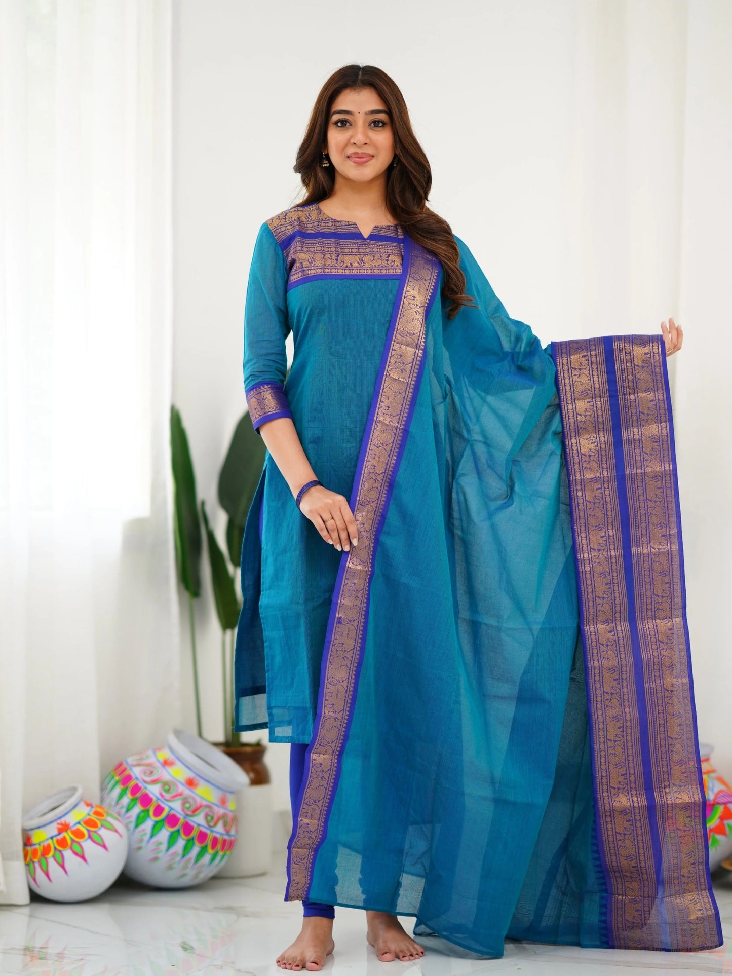 Pure Kanchi Cotton Firozi Color Kurti And Dupatta - Rheycart