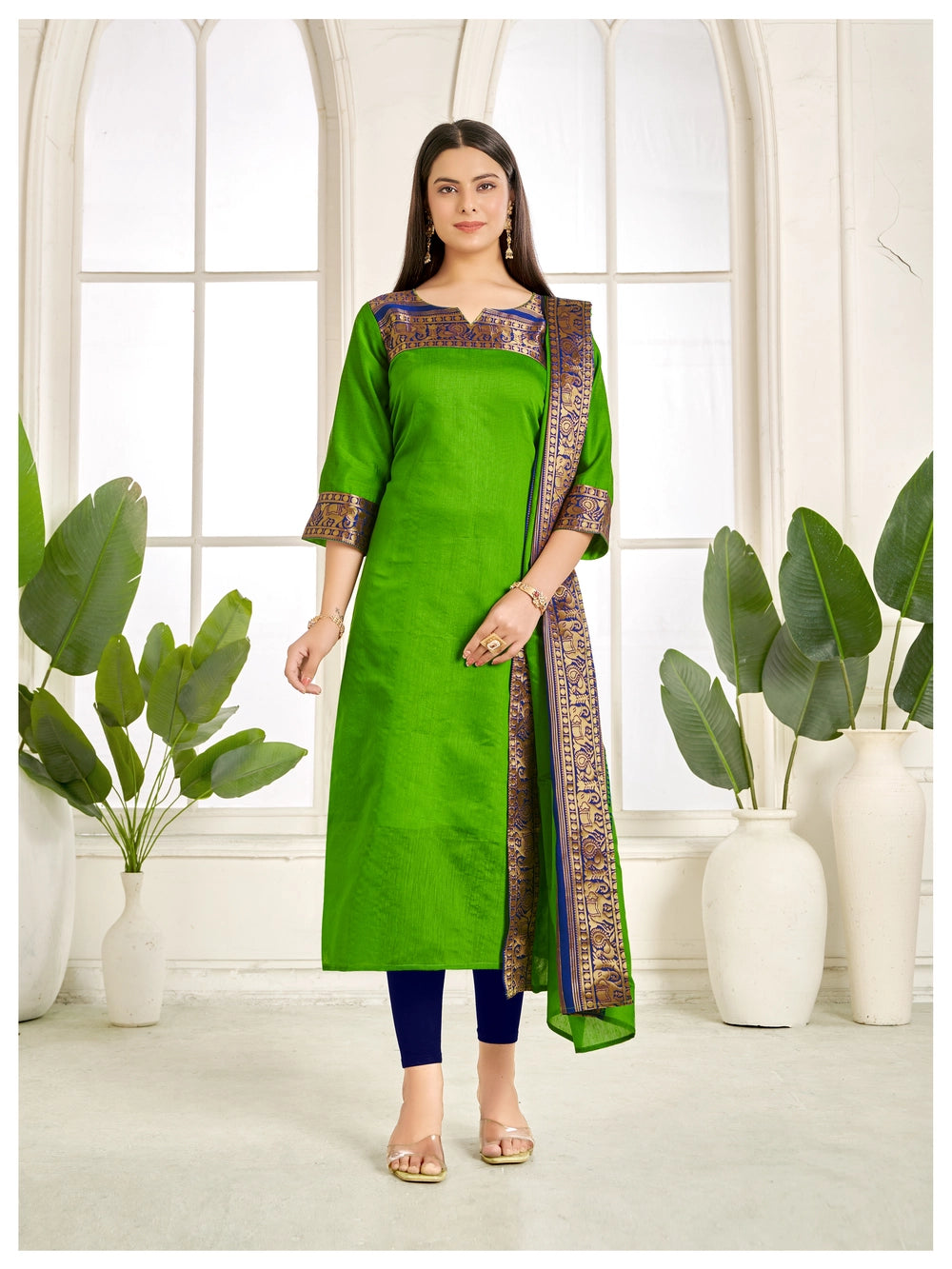 Elegant Mehendi Color Kanchi Cotton Kurti and Dupatta - Rheycart