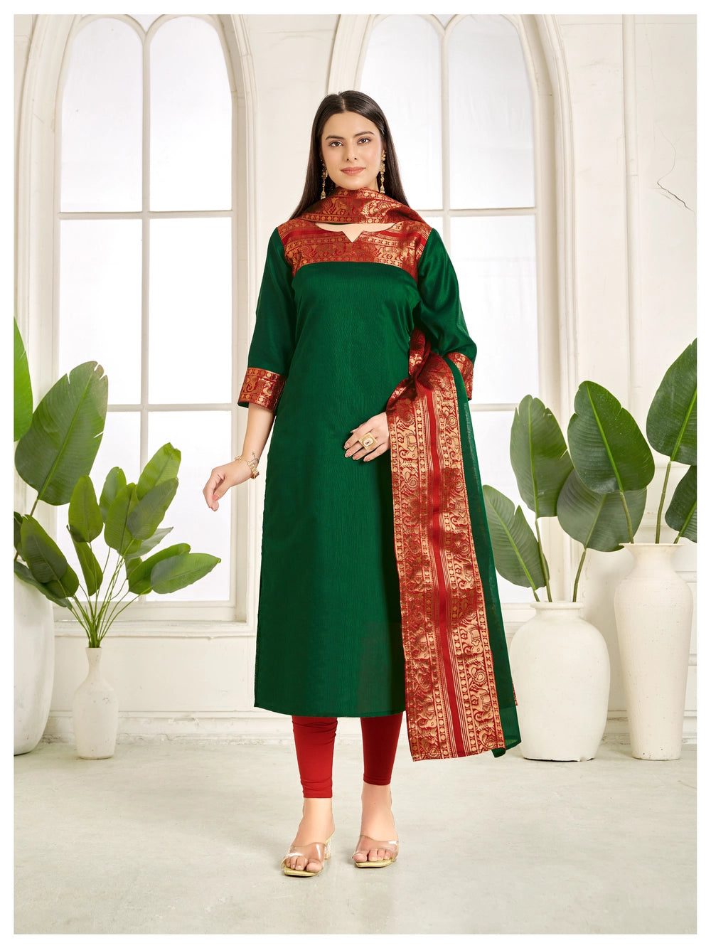 Green Color Pure Kanchi Cotton Kurti And Dupatta - Rheycart