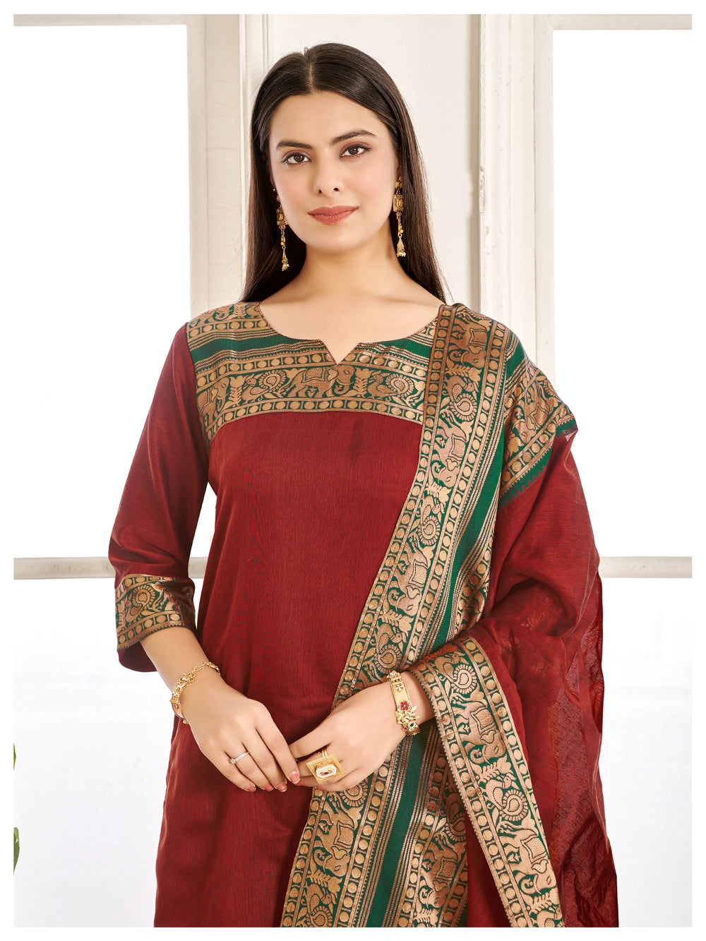 South Indian Kanchi Cotton Maroon Kurti And Dupatta - Rheycart