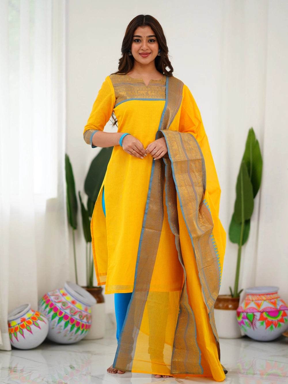 Yellow South Indian Kanchi Cotton Kurti And Dupatta - Rheycart