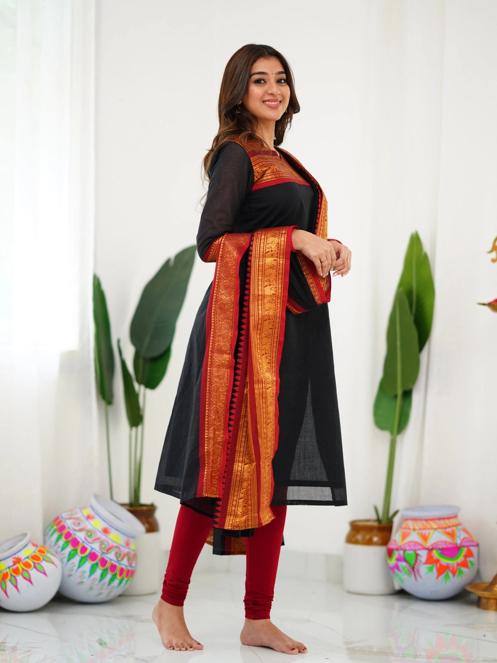 Kurti and Dupatta Pure Kanchi Cotton in Black - Rheycart