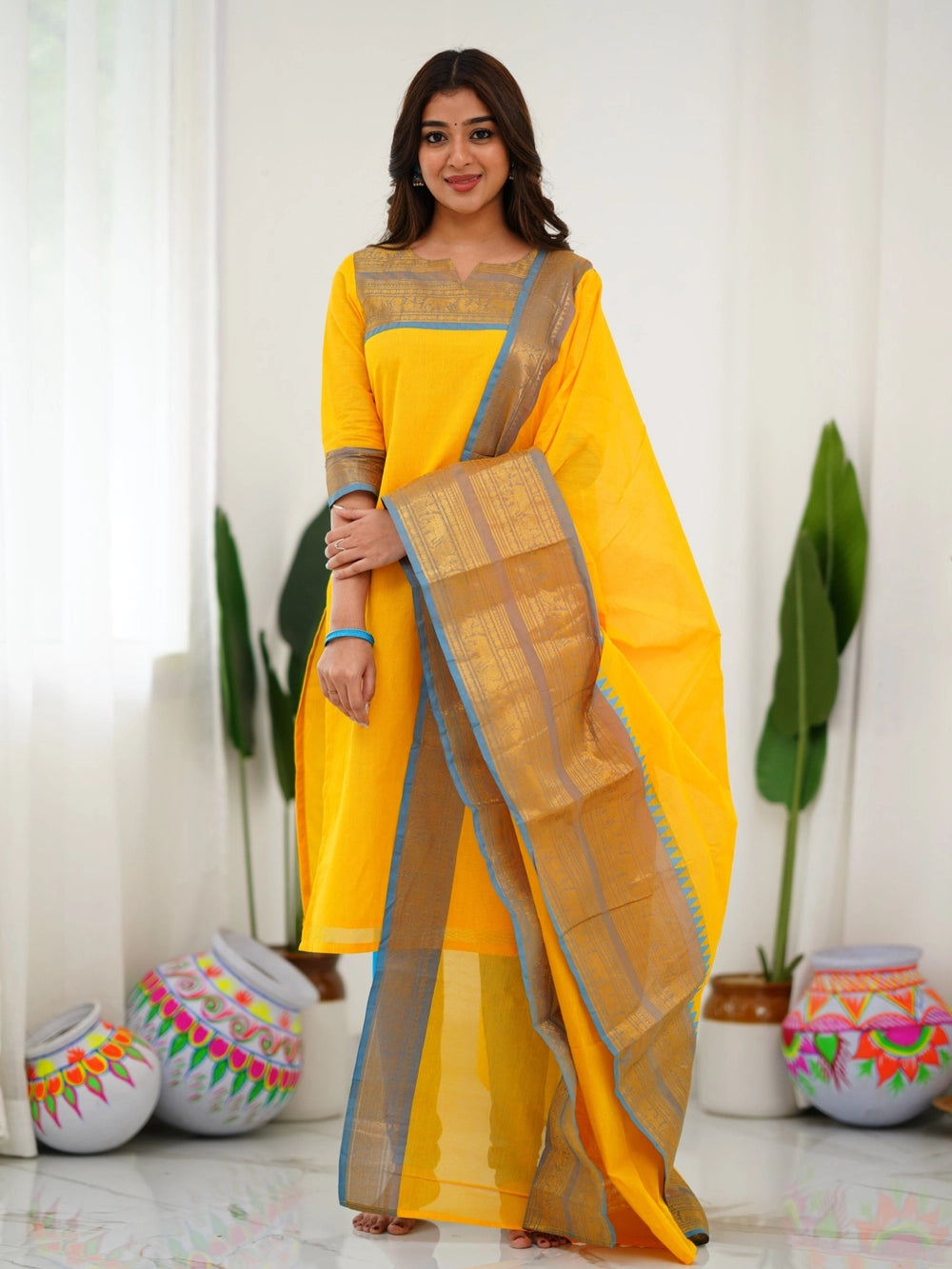 Yellow South Indian Kanchi Cotton Kurti And Dupatta - Rheycart