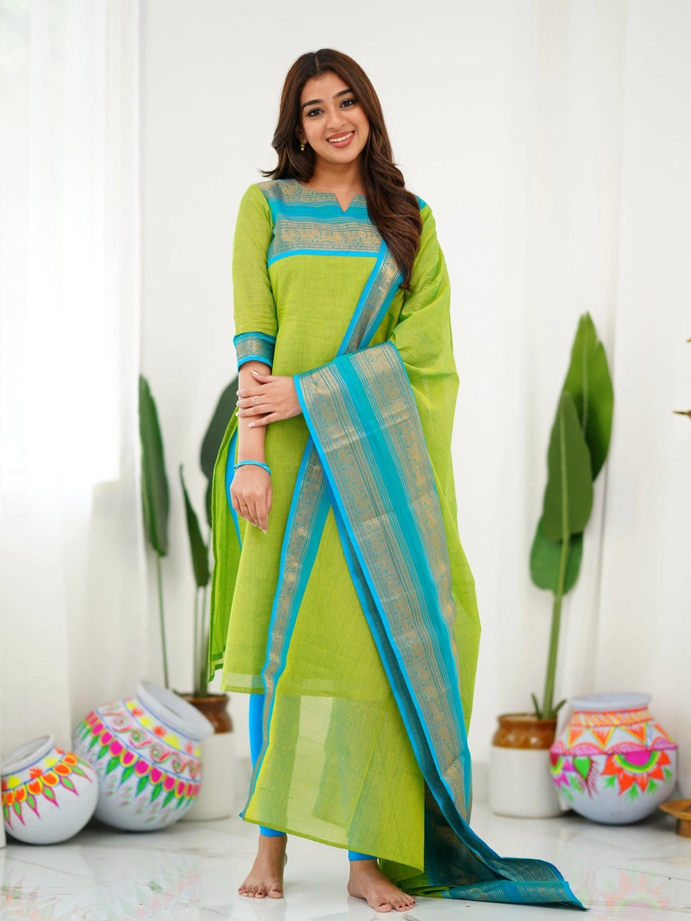 Kanchi Cotton Light Green Kurti And Dupatta For Women - Rheycart