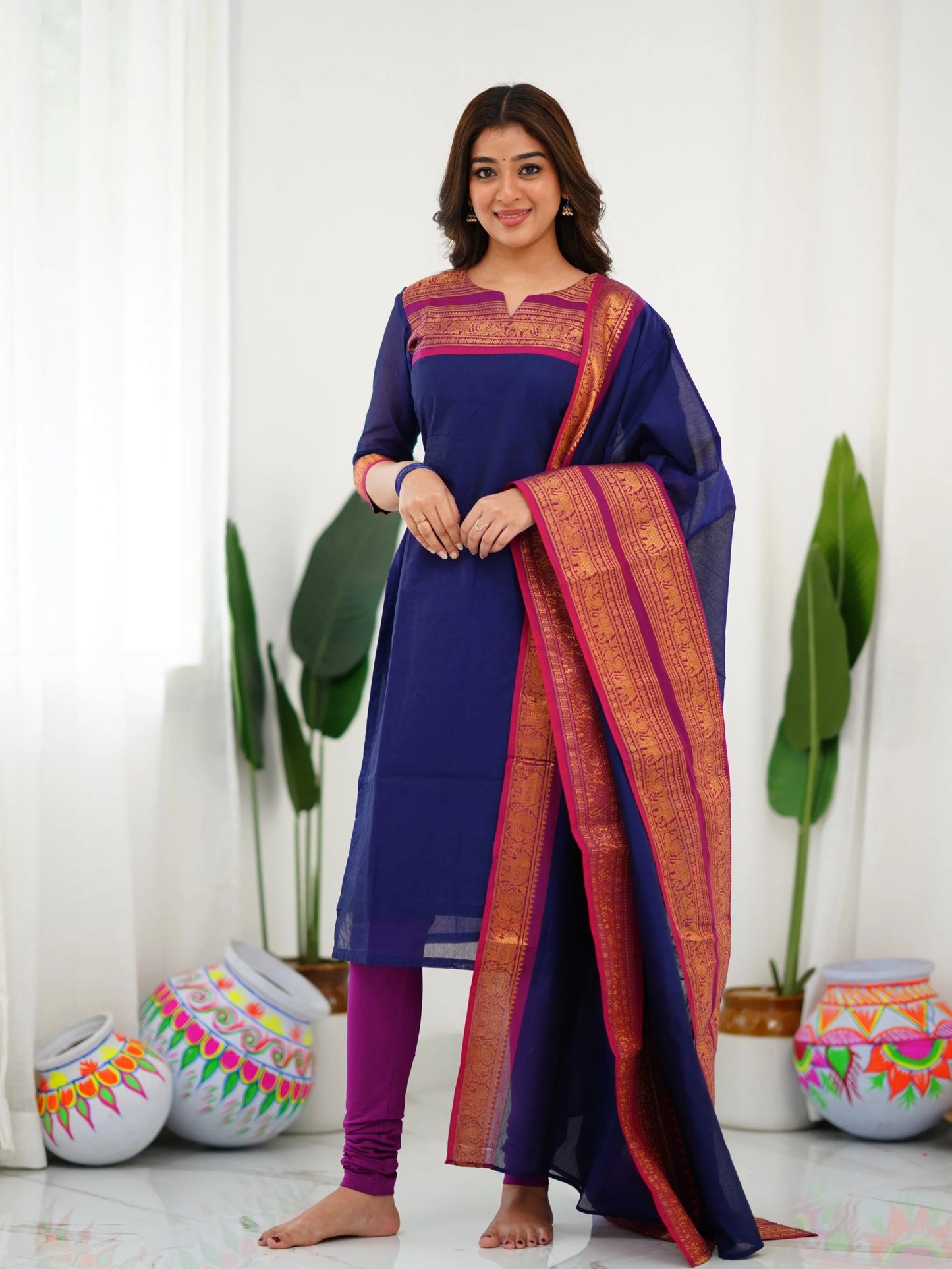 Kurti and Dupatta Pure Kanchi Cotton in Blue For Women - Rheycart