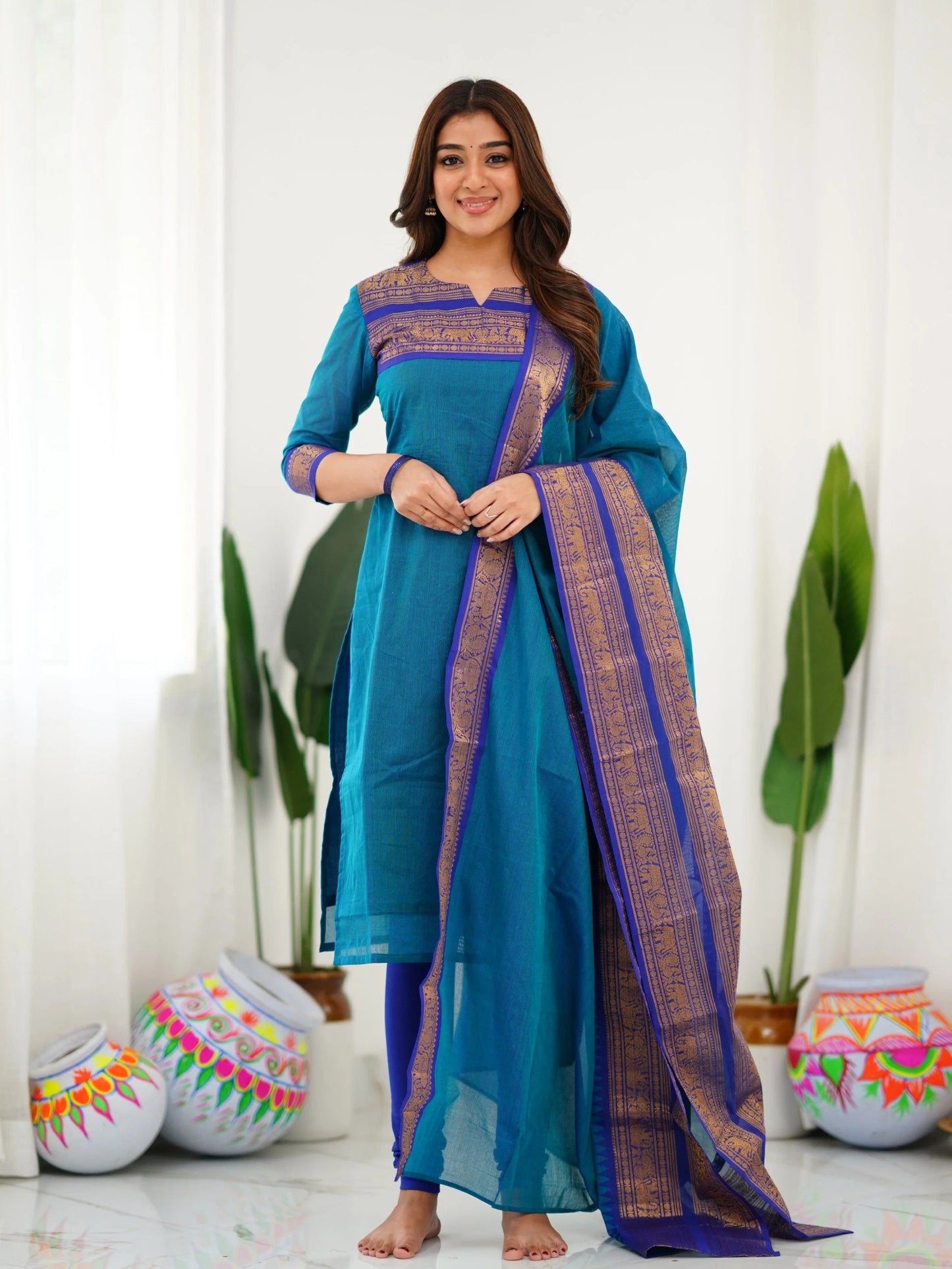 Pure Kanchi Cotton Firozi Color Kurti And Dupatta - Rheycart