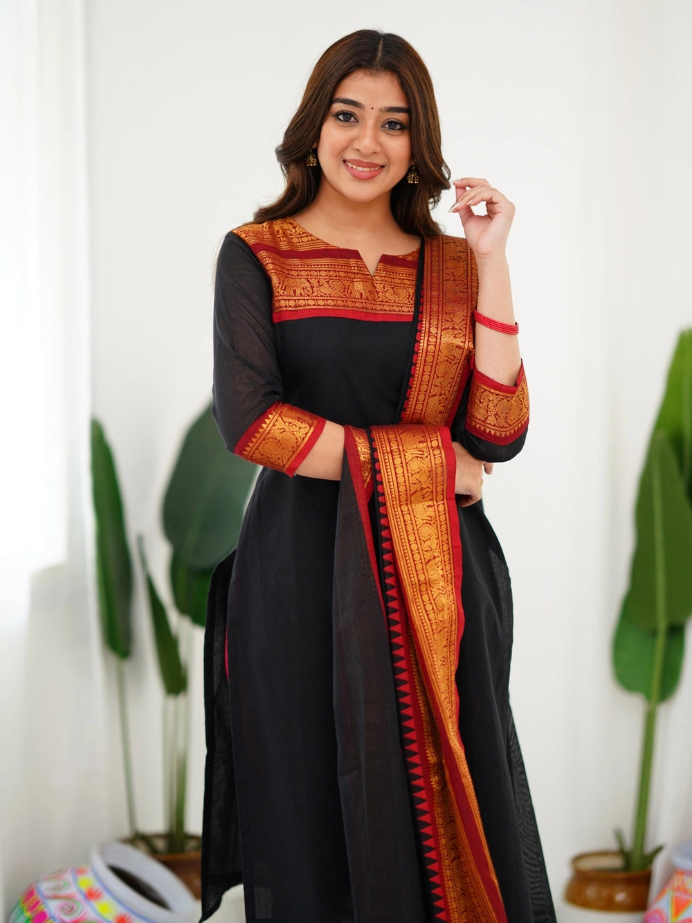 Kurti and Dupatta Pure Kanchi Cotton in Black - Rheycart