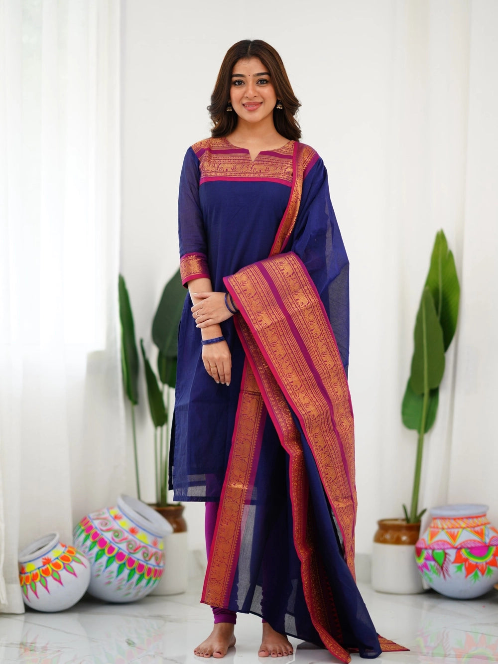 Kurti and Dupatta Pure Kanchi Cotton in Blue For Women - Rheycart