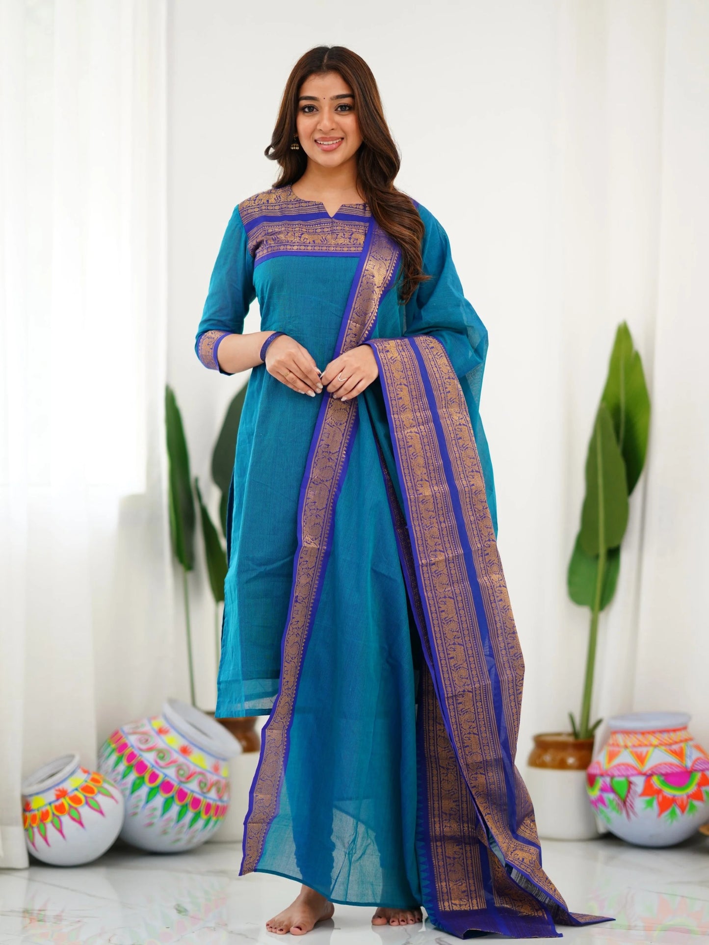 Pure Kanchi Cotton Firozi Color Kurti And Dupatta - Rheycart