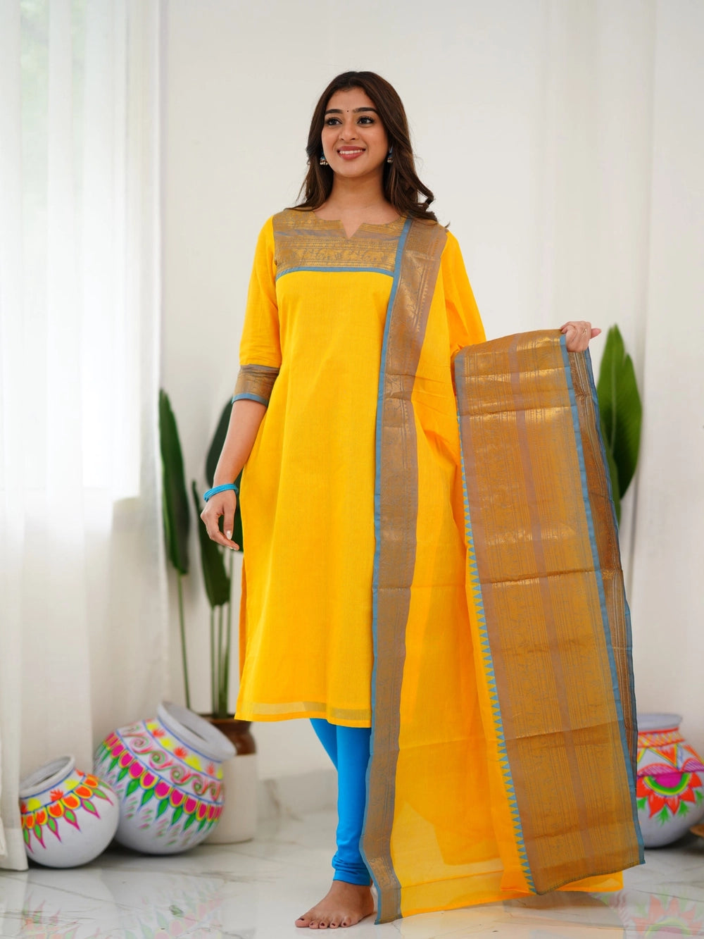 Yellow South Indian Kanchi Cotton Kurti And Dupatta - Rheycart