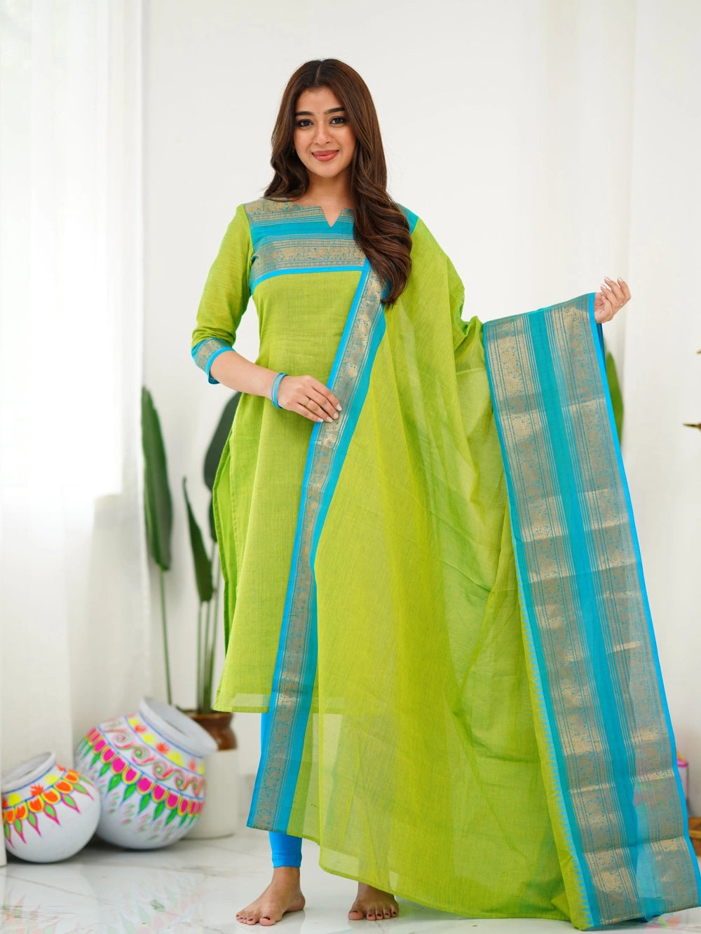 Kanchi Cotton Light Green Kurti And Dupatta For Women - Rheycart