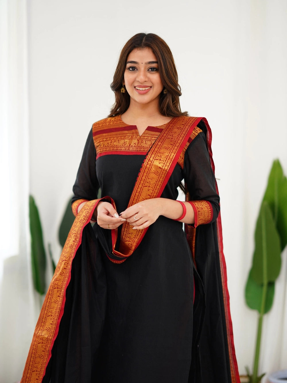 Kurti and Dupatta Pure Kanchi Cotton in Black - Rheycart