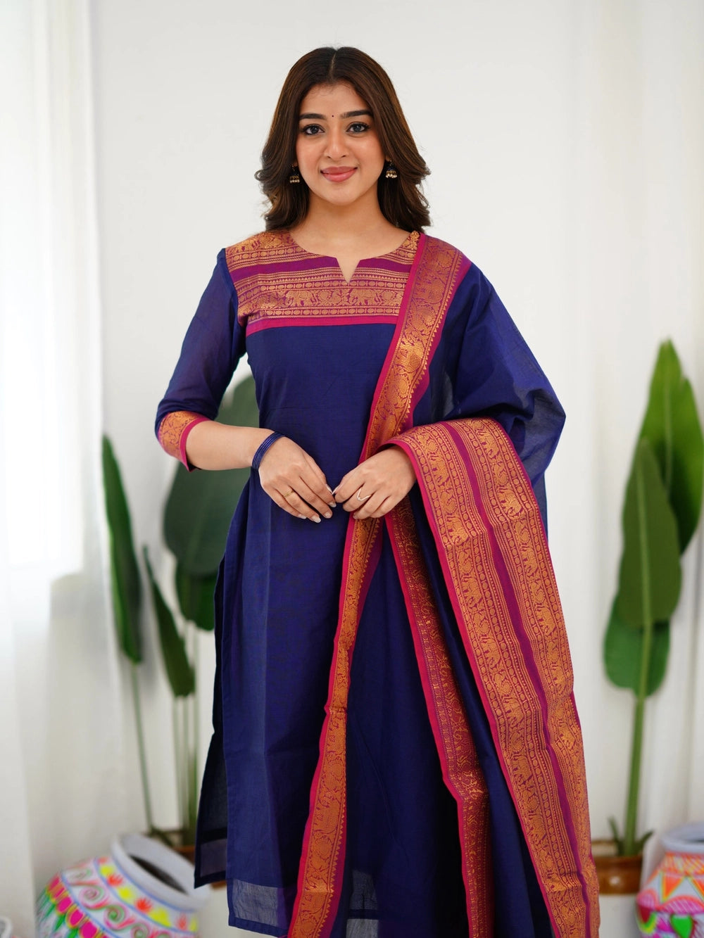 Kurti and Dupatta Pure Kanchi Cotton in Blue For Women - Rheycart