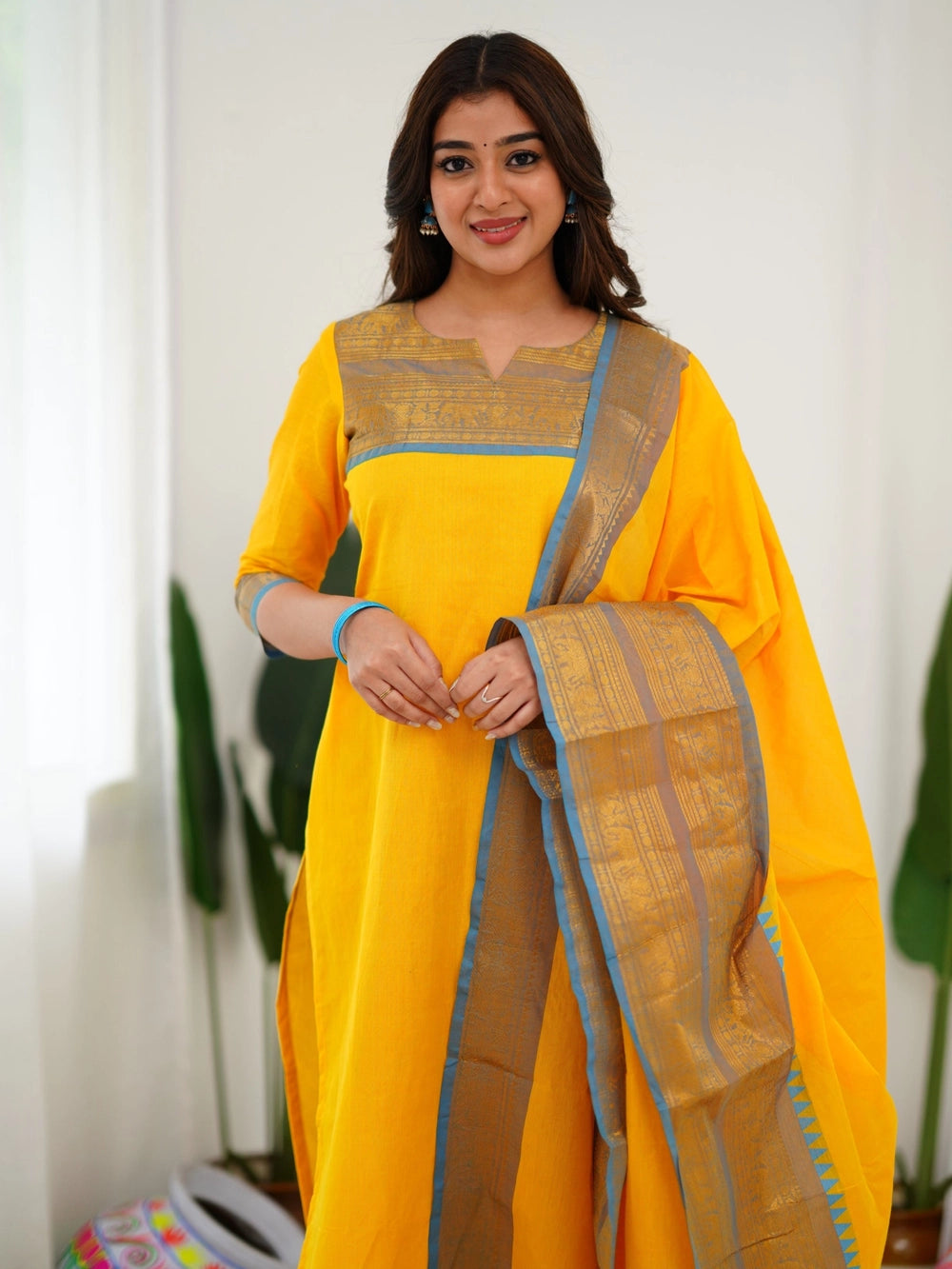 Yellow South Indian Kanchi Cotton Kurti And Dupatta - Rheycart