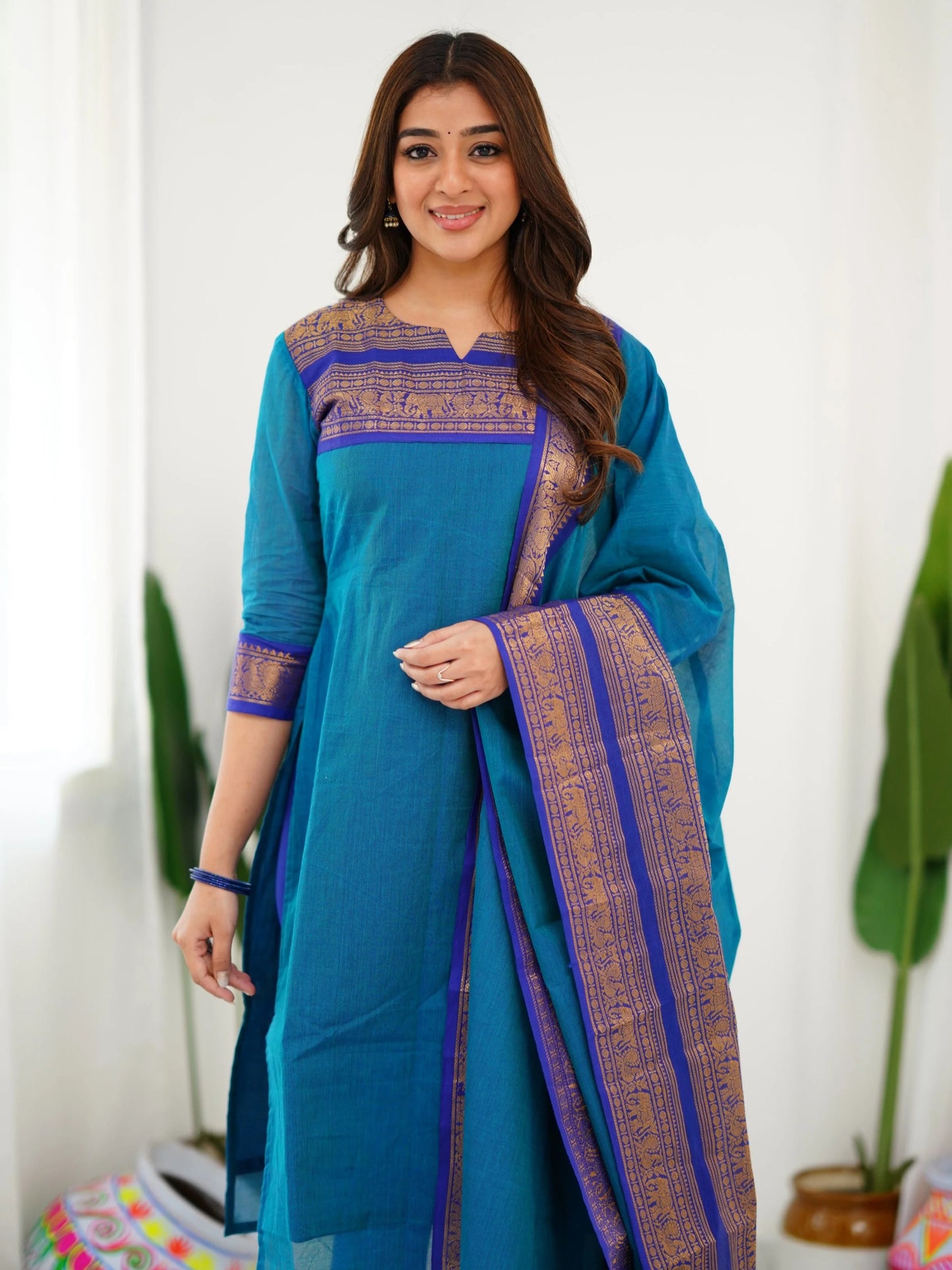 Pure Kanchi Cotton Firozi Color Kurti And Dupatta - Rheycart