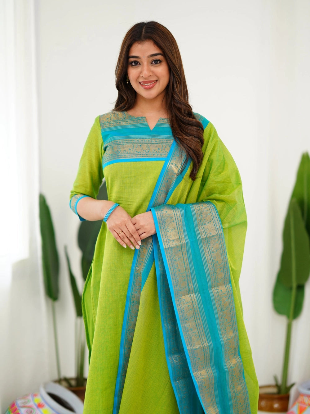 Kanchi Cotton Light Green Kurti And Dupatta For Women - Rheycart