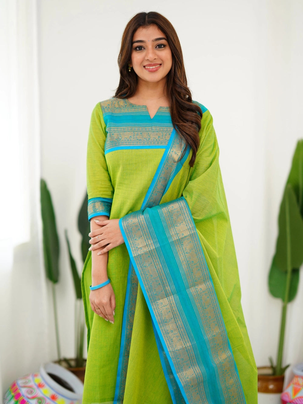 Kanchi Cotton Light Green Kurti And Dupatta For Women - Rheycart