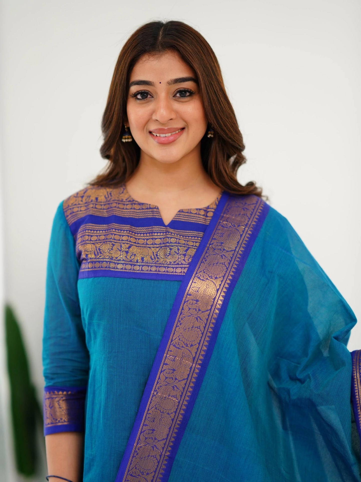 Pure Kanchi Cotton Firozi Color Kurti And Dupatta - Rheycart