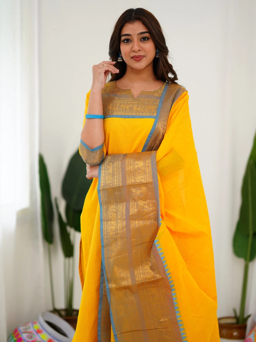Yellow South Indian Kanchi Cotton Kurti And Dupatta - Rheycart