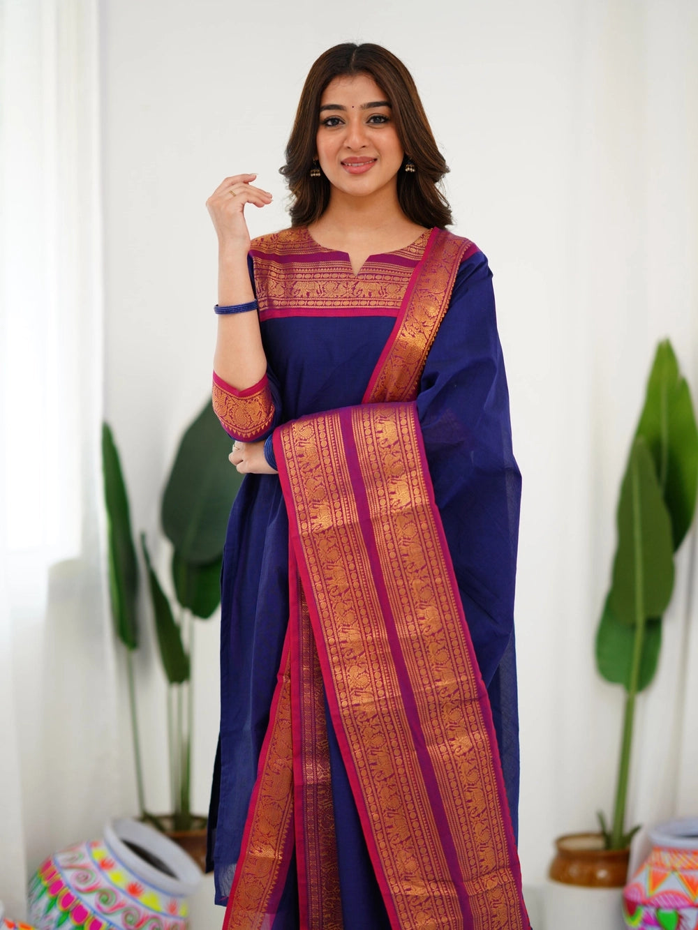 Kurti and Dupatta Pure Kanchi Cotton in Blue For Women - Rheycart