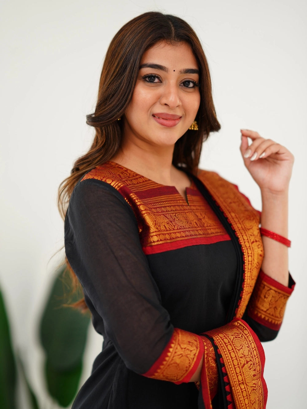 Kurti and Dupatta Pure Kanchi Cotton in Black - Rheycart