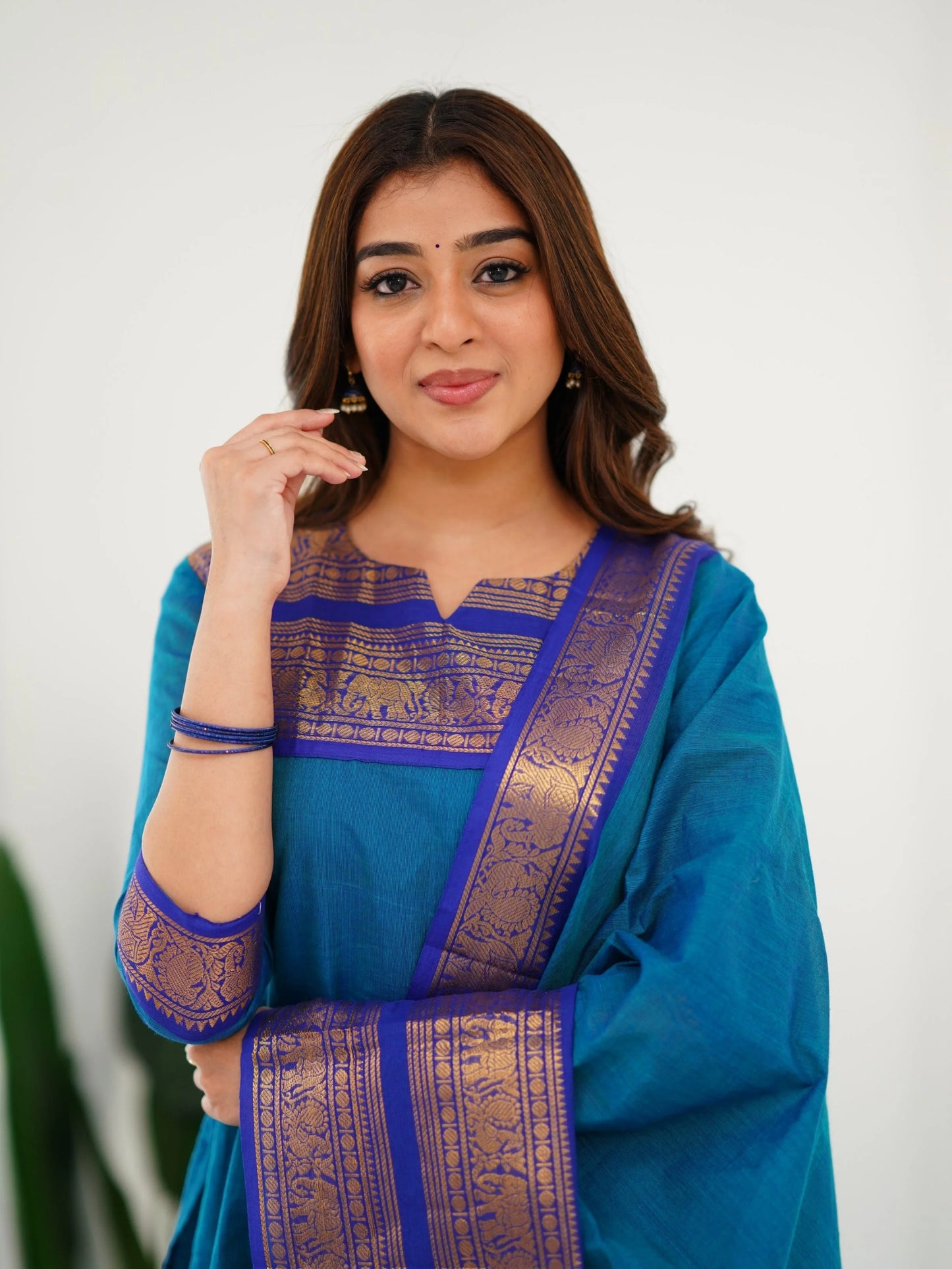 Pure Kanchi Cotton Firozi Color Kurti And Dupatta - Rheycart