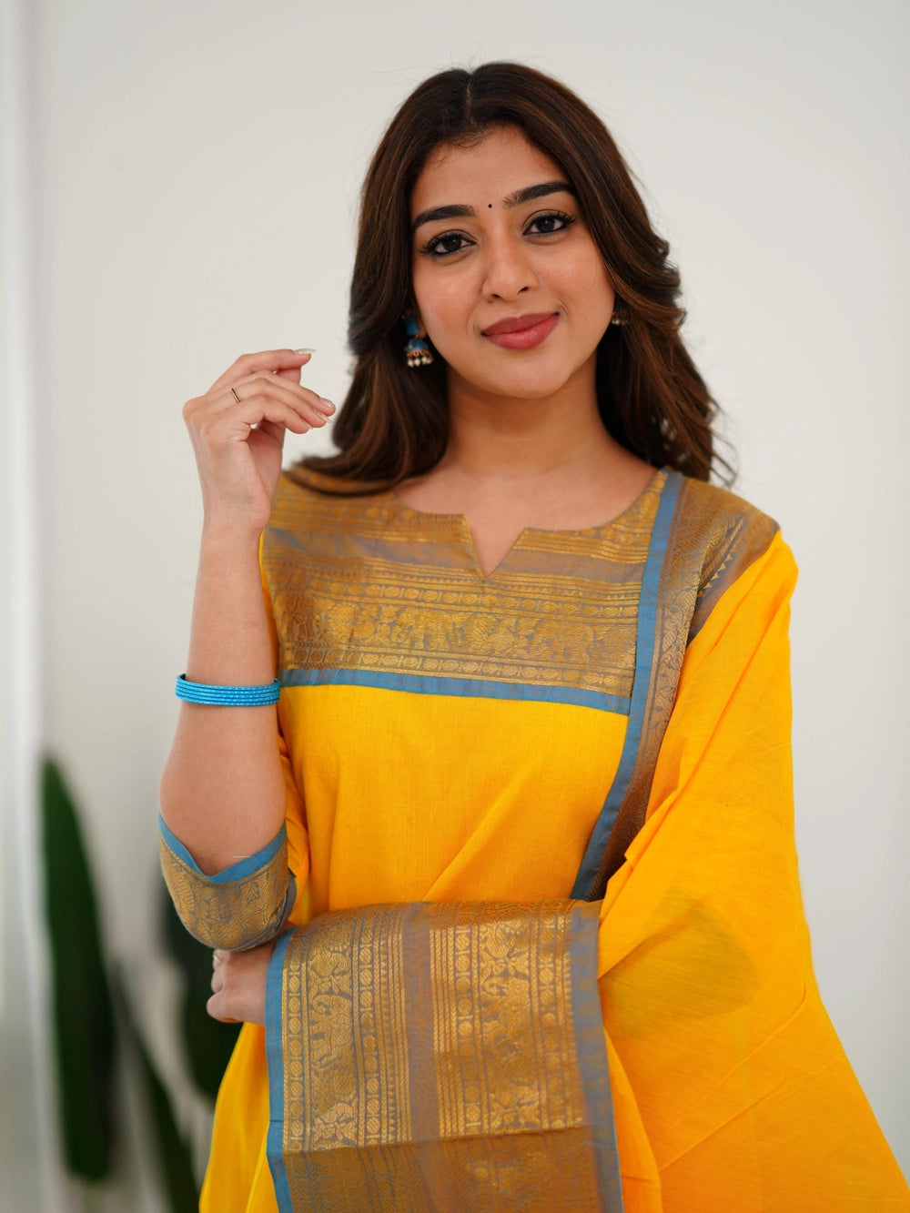 Yellow South Indian Kanchi Cotton Kurti And Dupatta - Rheycart