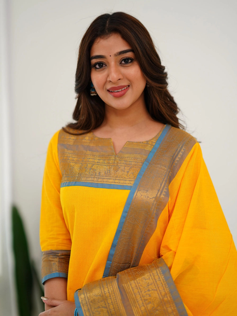 Yellow South Indian Kanchi Cotton Kurti And Dupatta - Rheycart