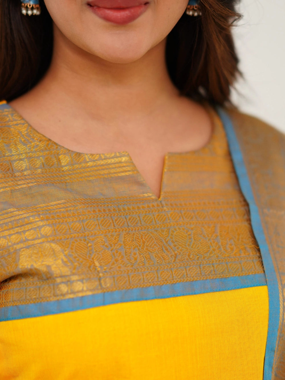Yellow South Indian Kanchi Cotton Kurti And Dupatta - Rheycart