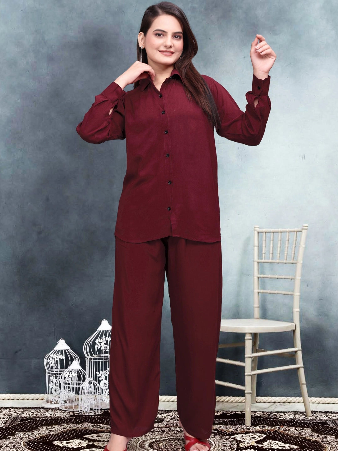 Crinkle Cotton Maroon Co-ord Set For Women - Rheycart
