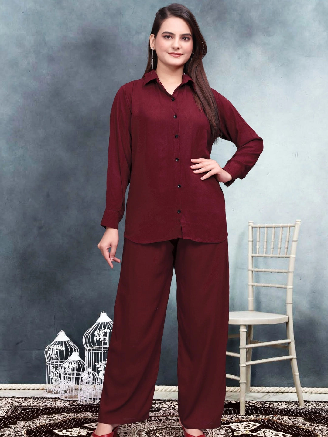 Crinkle Cotton Maroon Co-ord Set For Women - Rheycart