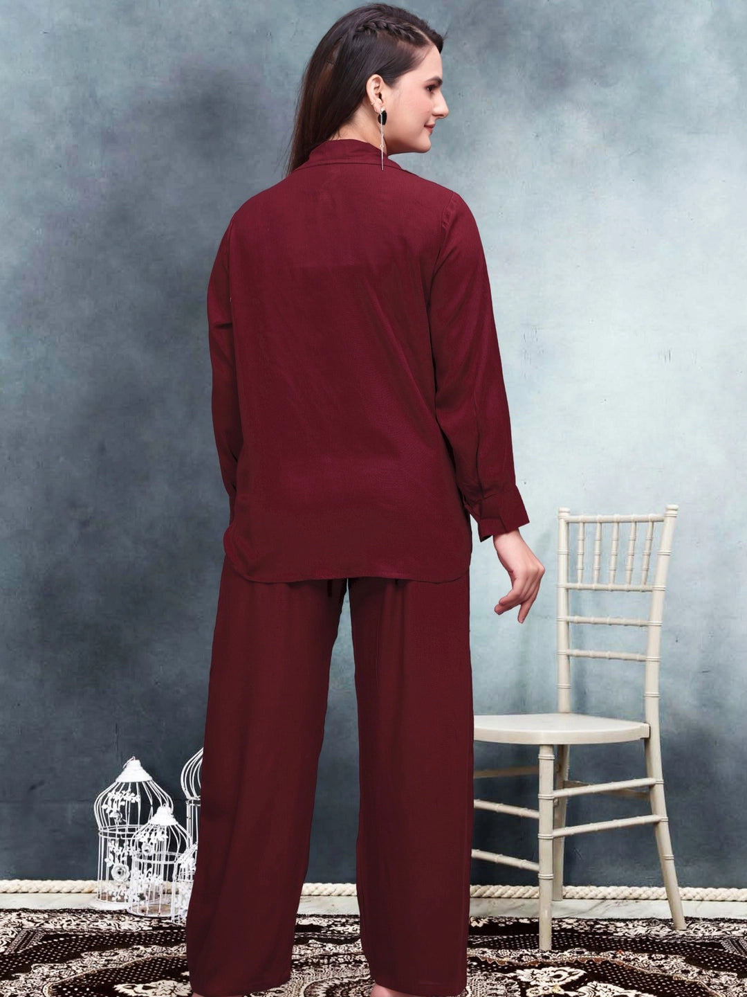 Crinkle Cotton Maroon Co-ord Set For Women - Rheycart