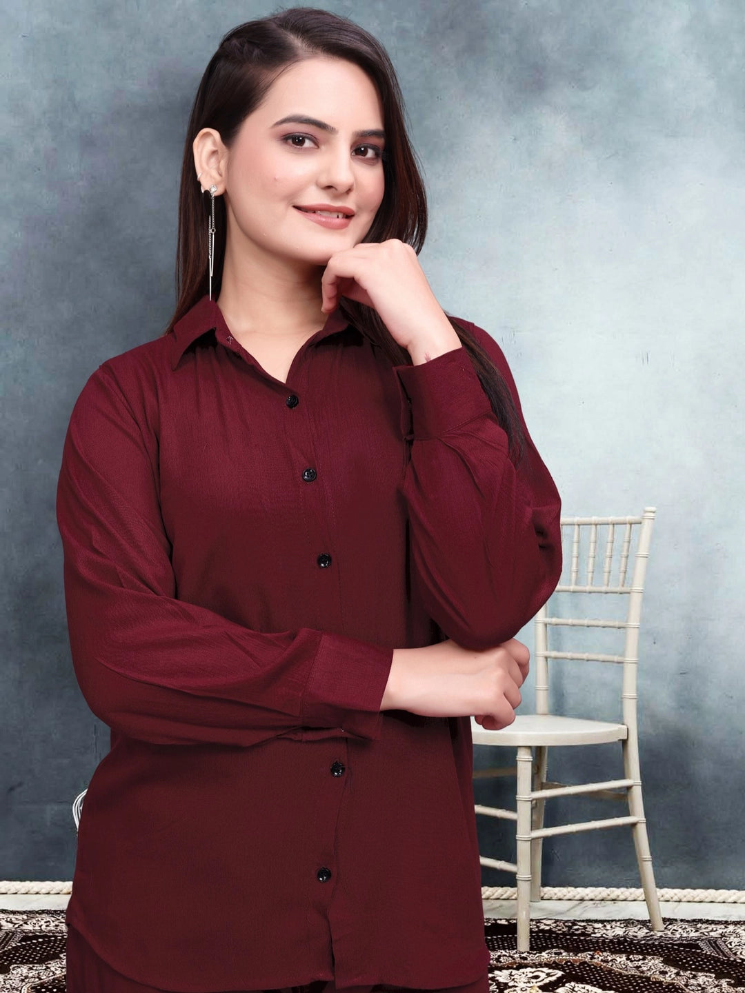 Crinkle Cotton Maroon Co-ord Set For Women - Rheycart