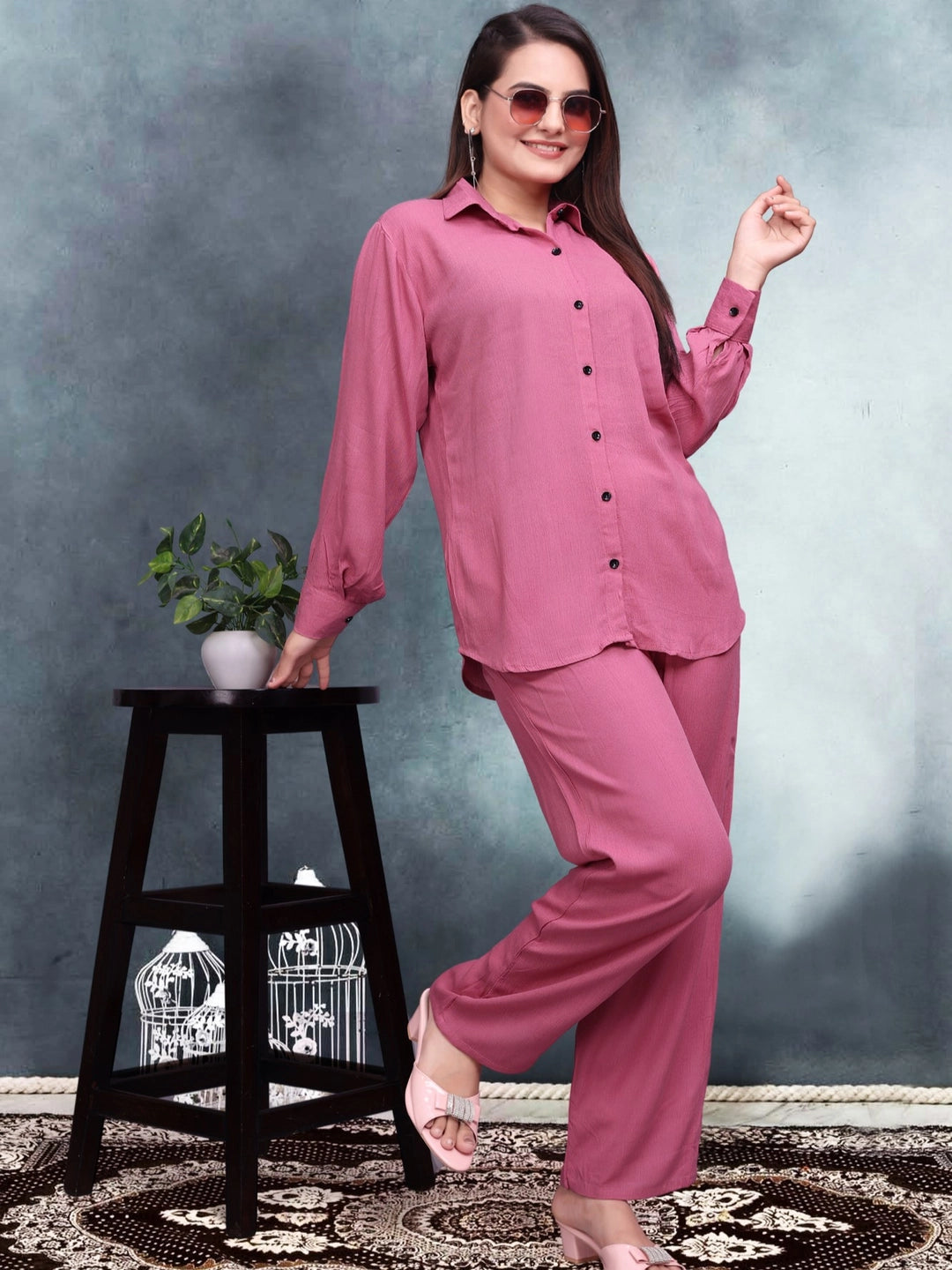 Crinkle Cotton Pink Long Sleeves Co-ord Set - Rheycart