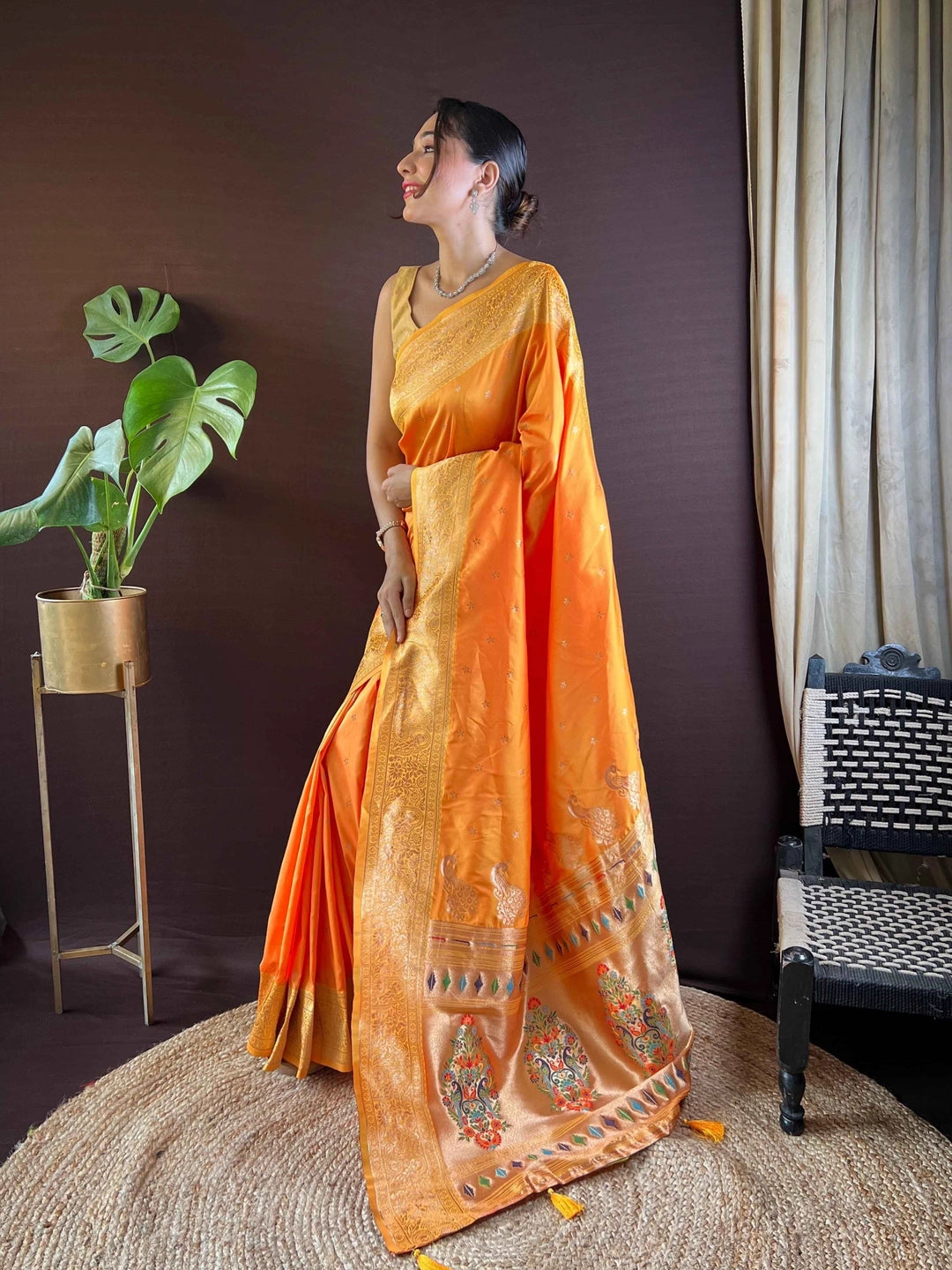 Orange Paithani Silk Saree With Unstiched Blouse - Rheycart