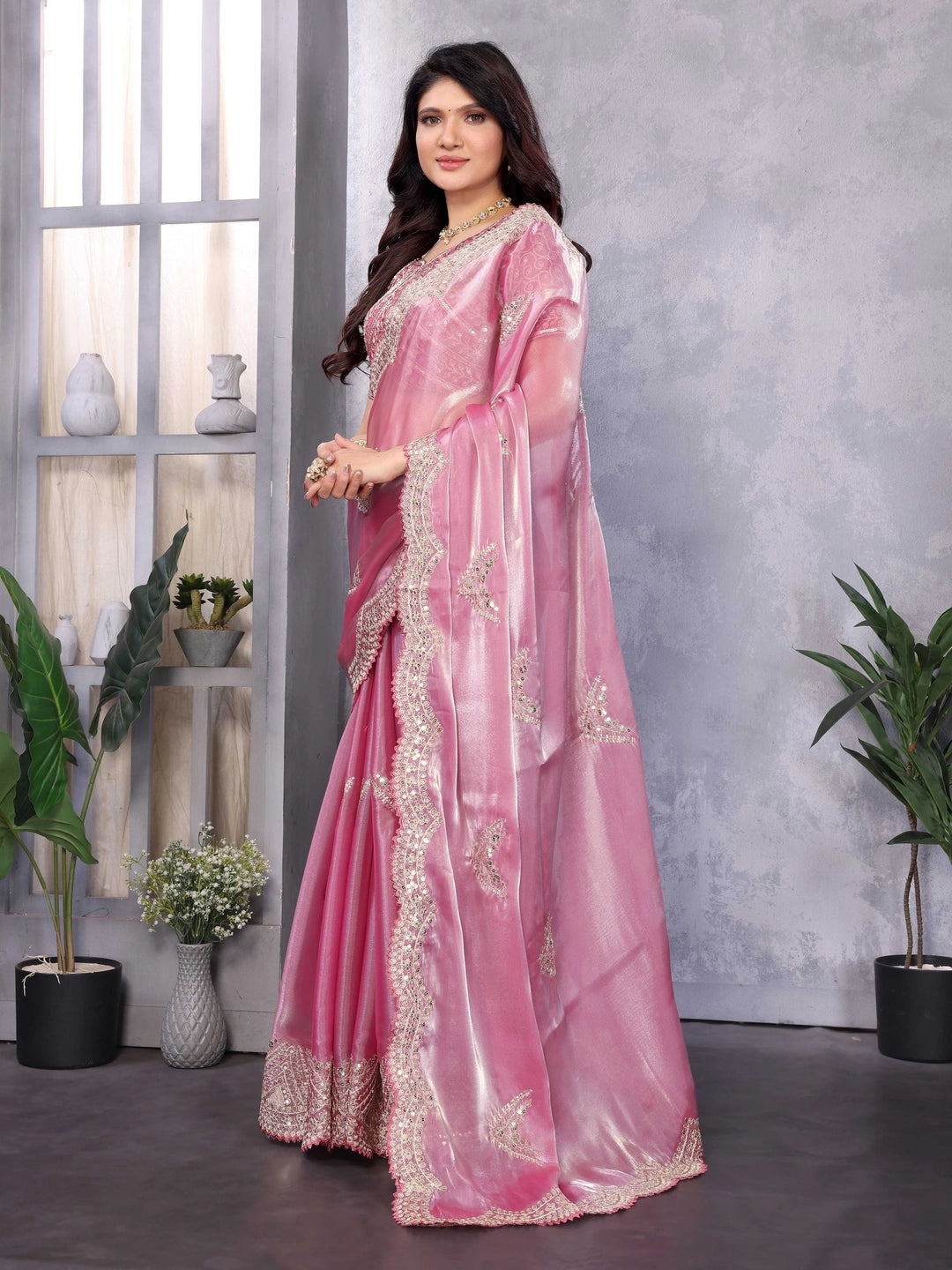 Jimmy Choo Chiffon Embroidery Work Saree - Rheycart