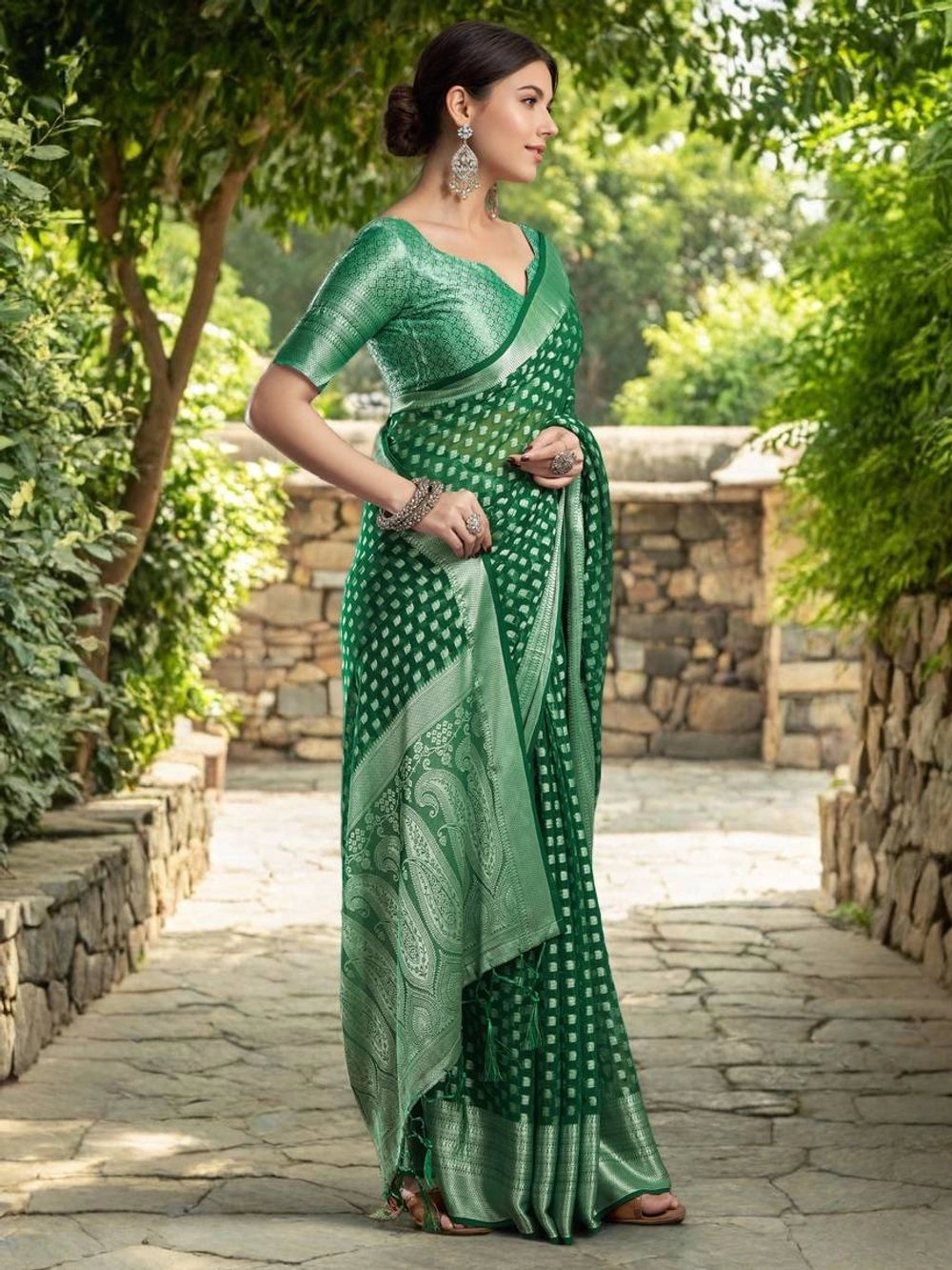Green Weaving Jacquard Georgette Saree