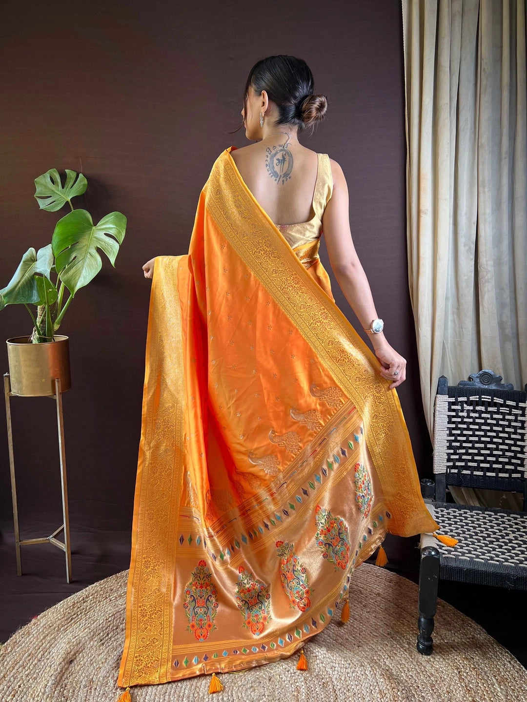 Orange Paithani Silk Saree With Unstiched Blouse - Rheycart