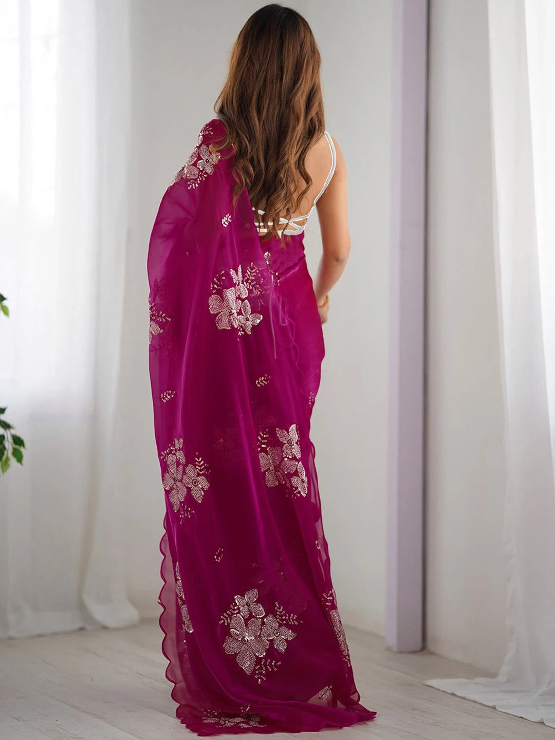Rani Jimmy Choo Embroidered Chiffon Saree - Rheycart