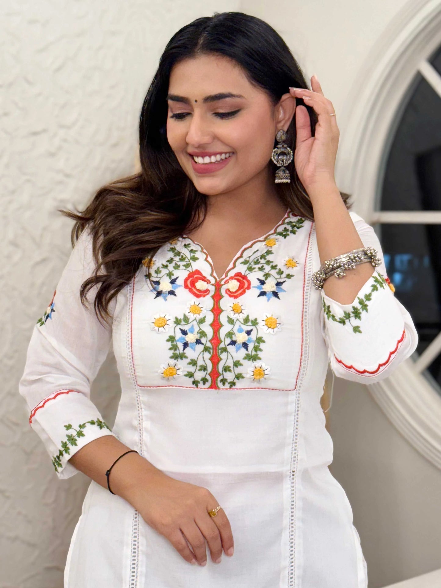 White Cotton Embroidery and Khatli Work Kurta Set