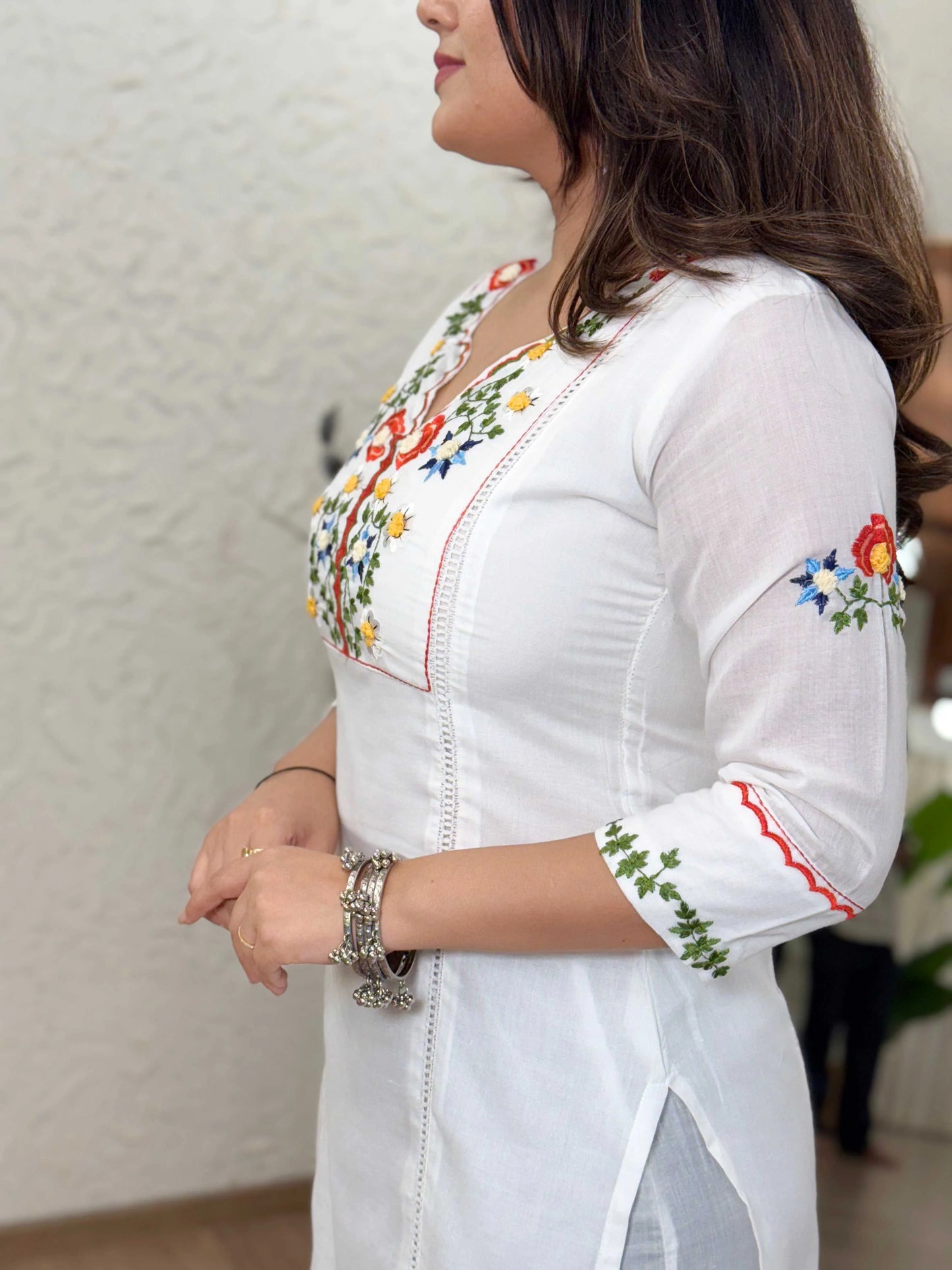 White Cotton Embroidery and Khatli Work Kurta Set