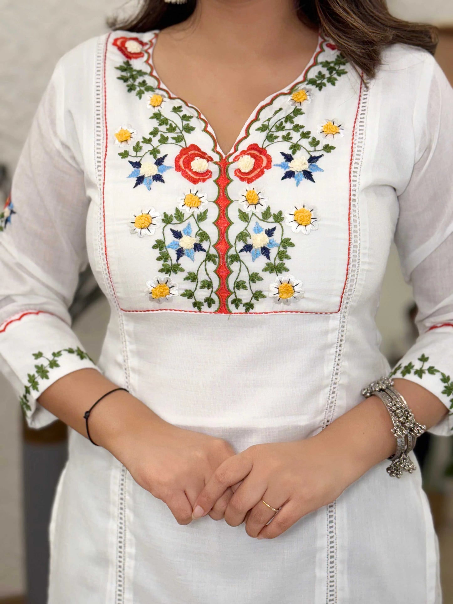 White Cotton Embroidery and Khatli Work Kurta Set