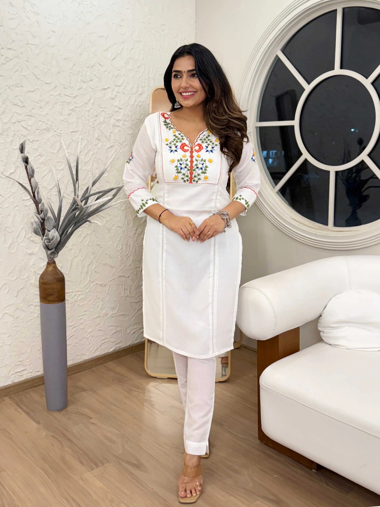White Cotton Embroidery and Khatli Work Kurta Set