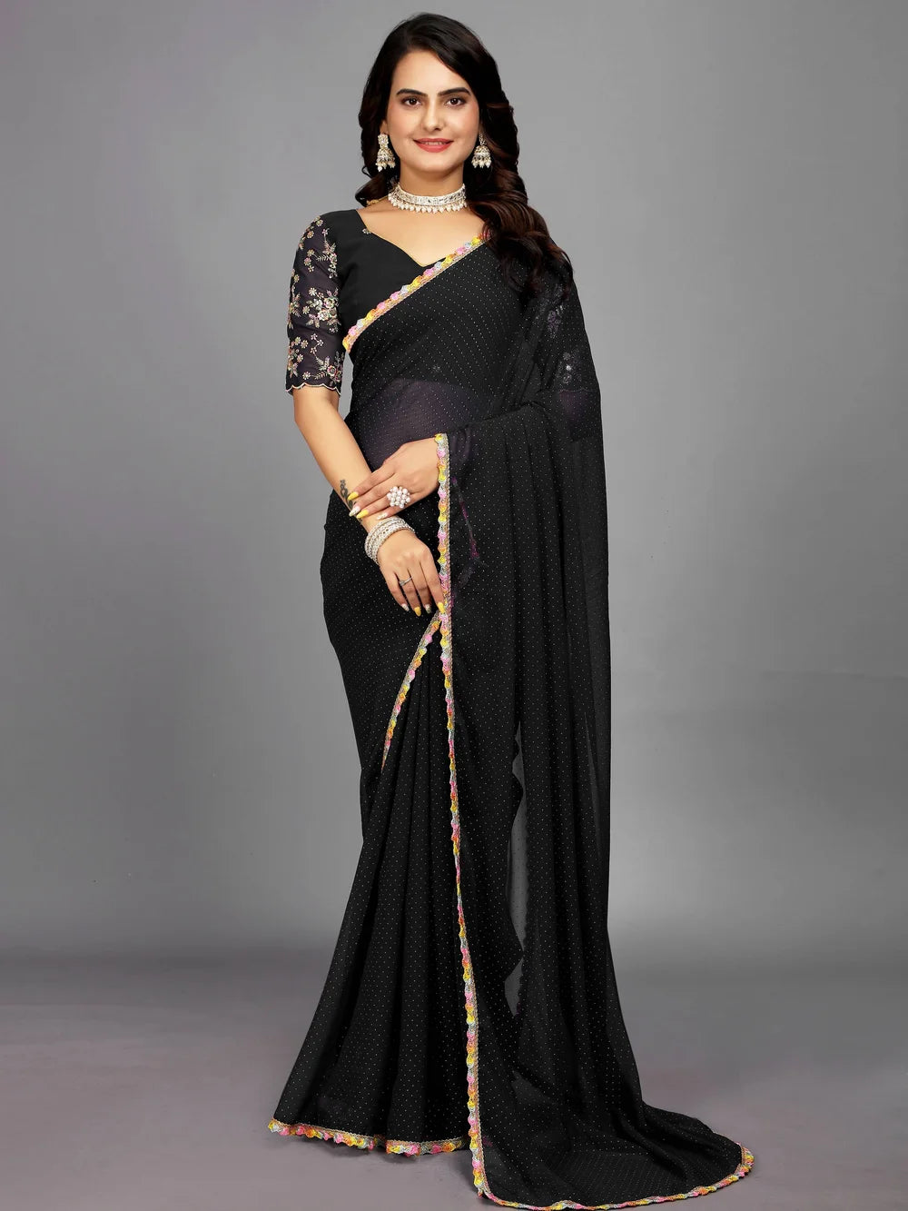 Black Bollywood Style Plain Georgette Saree